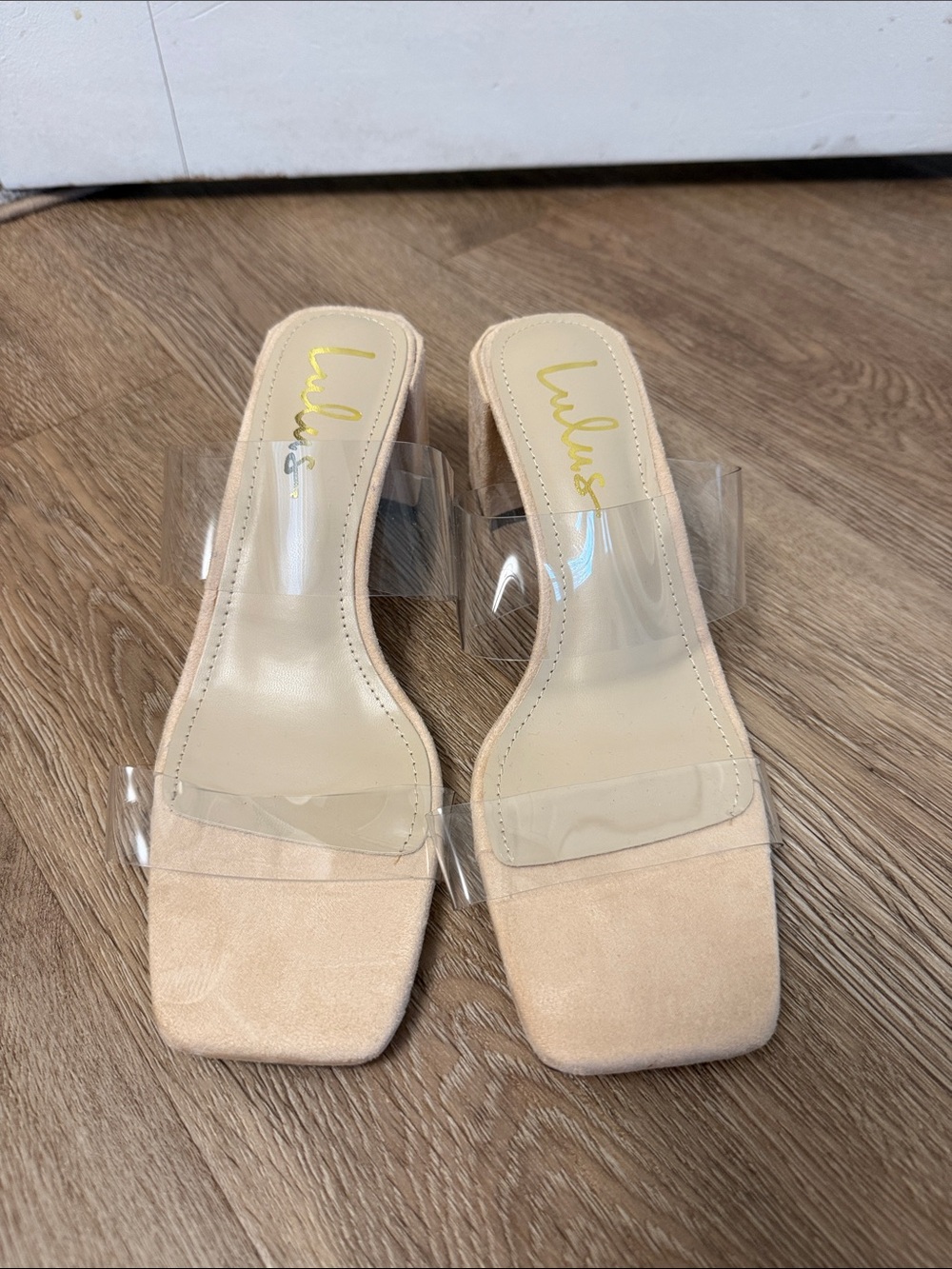 Lulu's Nude Suede Slide Mules with Clear Straps